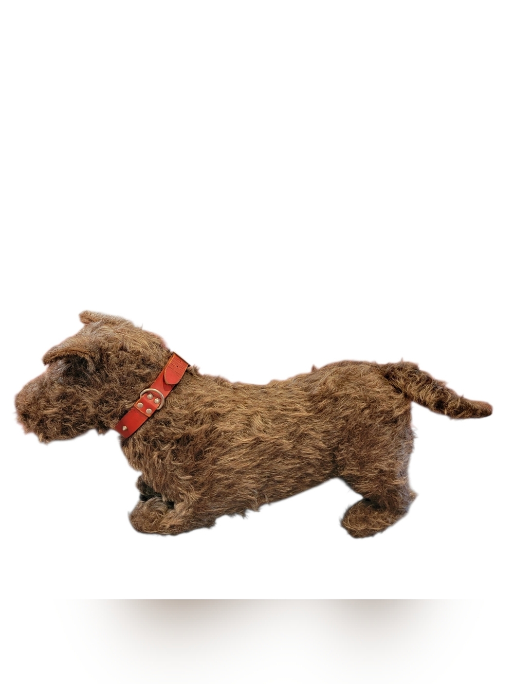Vintage Jointed Stuffed Dog Plush Glass Eyes Leather Collar Brown